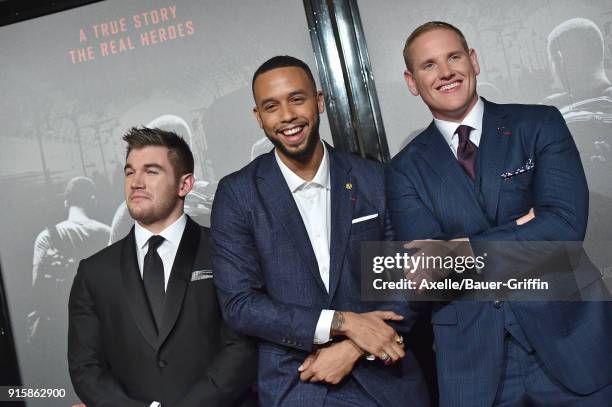 Alek Skarlatos, Anthony Sadler and Spencer Stone attend the premiere of 'The 15:17 to Paris' at Warner Bros. Studios on February 5, 2018 in Burbank,...