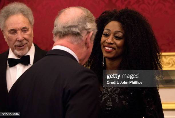 Prince Charles, Prince of Wales meets singers Beverley Knight and Tom Jones as he attends the Prince’s Trust 'Invest in Futures' pre-dinner reception...
