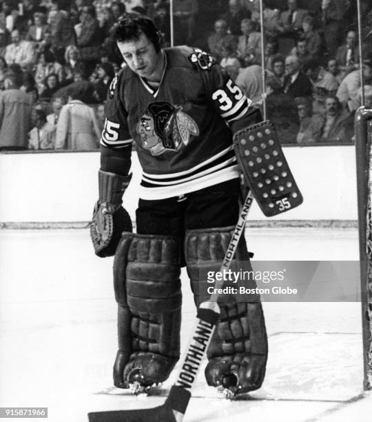 Chicago Blackhawks Tony Esposito stands near the goal during a game against the Boston Bruins at the Boston Garden, April 11, 1975.
