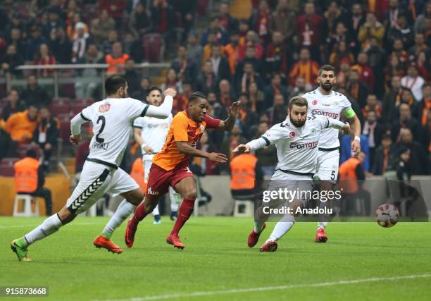 Rodrigues of Galatasaray in action against Nejc Skubic of Atiker Konyaspor during the Turkish Ziraat Cup Quarter Final second leg match between...