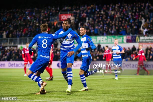 Wouter Marinus of PEC Zwolle, Kingsley Ehizibue of PEC Zwolle, Younes Namli of PEC Zwolle during the Dutch Eredivisie match between PEC Zwolle and sc...