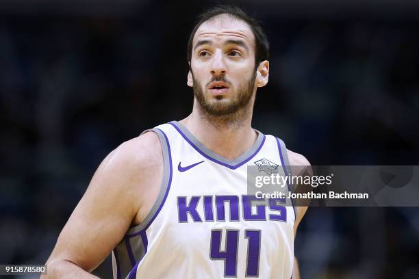 Kosta Koufos of the Sacramento Kings reacts during the first half against the New Orleans Pelicans at the Smoothie King Center on January 30, 2018 in...