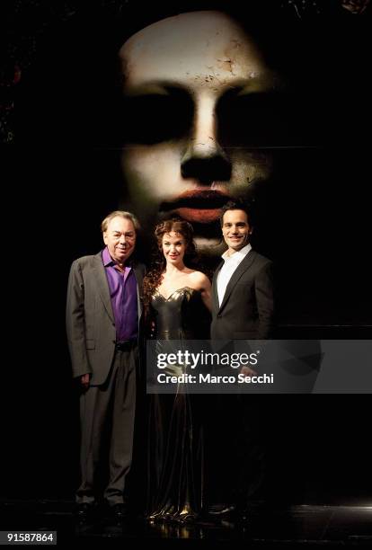 Lord Andrew Lloyd Webber poses with Sierra Boggess and Ramin Karimioo at the photocall for "Love Never Dies" at Her Majesty's Theatre on October 8,...