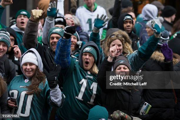 Philadelphia Eagles fans celebrate during the Super Bowl LII parade on February 8, 2018 in Philadelphia, Pennsylvania.