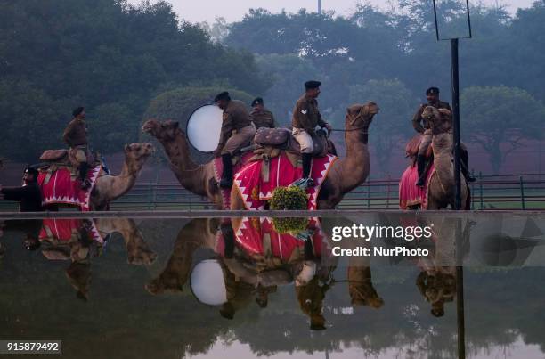 India's Border Security Force Camel Contingent soldiers prepare for the Republic Day parade rehearsals on a winter morning in New Delhi. 13th...