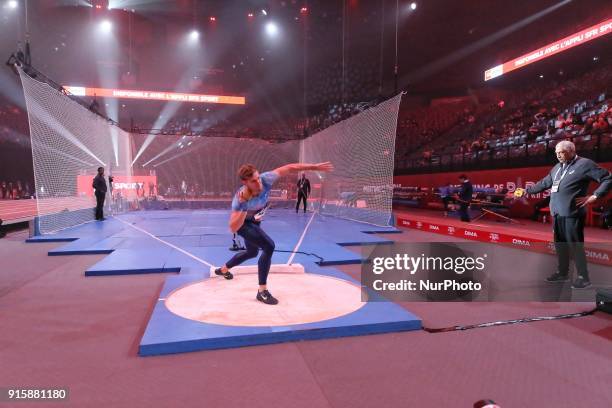 Kevin Mayer of France competes in shot put triathlon during the Athletics Indoor Meeting of Paris 2018, at AccorHotels Arena in Paris, France on...