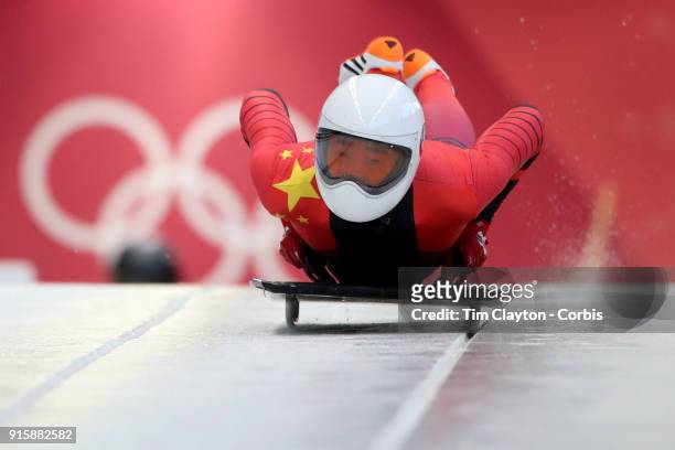 Wenqiang Geng of China in action during the Men's Skeleton training run ahead of the PyeongChang 2018 Winter Olympic Games at Olympic Sliding Center,...