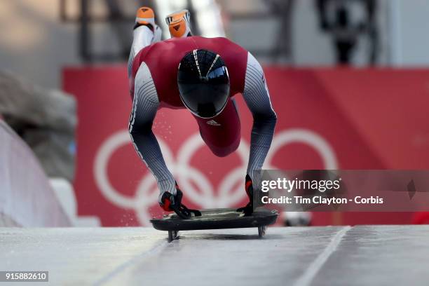 Tomass Dukurs of Latvia in action during the Men's Skeleton training run ahead of the PyeongChang 2018 Winter Olympic Games at Olympic Sliding...