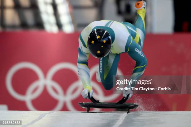 John Farrow of the Australia in action during the Men's Skeleton training run ahead of the PyeongChang 2018 Winter Olympic Games at Olympic Sliding...