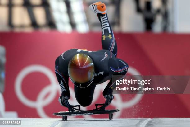 John Daly of the United States in action during the Men's Skeleton training run ahead of the PyeongChang 2018 Winter Olympic Games at Olympic Sliding...