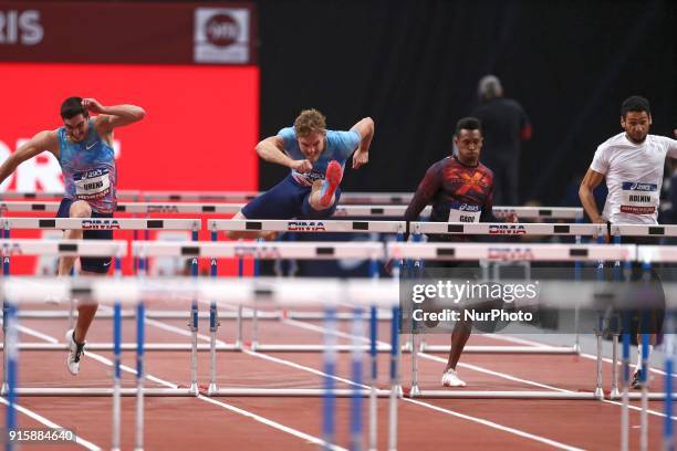 Jorge Urena of Spain, Kevin Mayer of France, Ruben Gado of France, Basile Rolnin of France compete in 60m Triathlon during the Athletics Indoor...