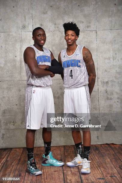 Victor Oladipo and Elfrid Payton of the Orlando Magic poses for a portrait prior to the 2015 NBA All-Star Rookie Rising Stars Challenge game at...