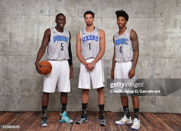Victor Oladipo, Elfrid Payton and Michael Carter-Williams of the USA team poses for a portrait prior to the 2015 NBA All-Star Rookie Rising Stars...