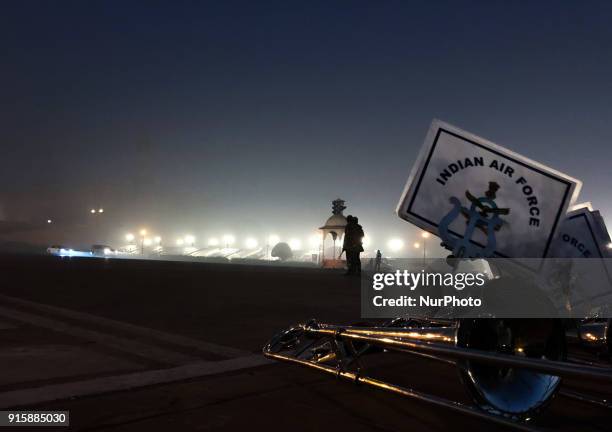 Indian Air Forces trumphets lie on a pavement at Vijay Chowk as the forces gather to rehearse for the upcoming Republic Day on a foggy winter morning...