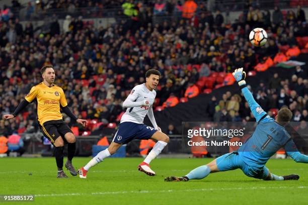 Tottenham Hotspur's Dele Alli misses a great chance during the FA Cup Fourth Round replay match between Tottenham Hotspur and Newport County at...