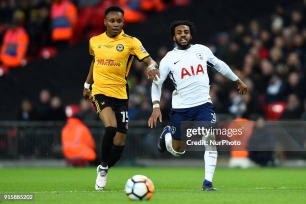 Shawn McCoulsky of Newport County gets away from Tottenham Hotspur's Danny Rose during the FA Cup Fourth Round replay match between Tottenham Hotspur...