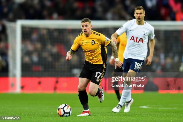 Scot Bennett of Newport County in action during the FA Cup Fourth Round replay match between Tottenham Hotspur and Newport County at Wembley stadium,...