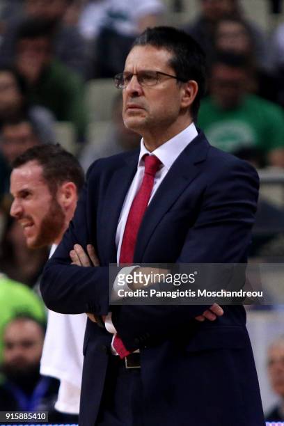 Pedro Matinez, Head Coach of Baskonia Vitoria Gasteiz react during the 2017/2018 Turkish Airlines EuroLeague Regular Season Round 22 game between...
