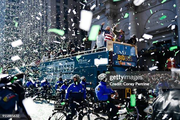 Chris Long lets out a yell on a parade vehicle next to Beau Allen of the Philadelphia Eagles during festivities on February 8, 2018 in Philadelphia,...