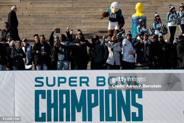 Members of the Philadelphia Eagles cheer during a ceremony honoring their Super Bowl win over the New England Patriots on February 8, 2018 in...