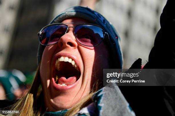 Melissa Mosczczynski of Philadelphia, Pennsylvania yells during parade festivities on February 8, 2018 in Philadelphia, Pennsylvania. The city...