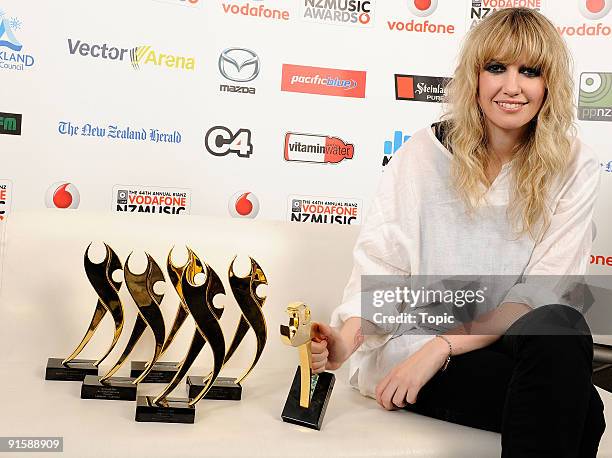 Ladyhawke poses with the awards for Vodafone Single of the Year, Vodafone Album of the Year, International Achievement, Mazda Best Female Solo...