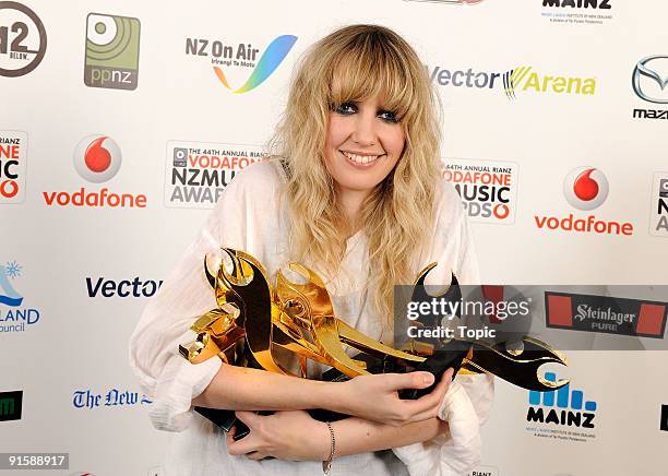 Ladyhawke poses with the awards for Vodafone Single of the Year, Vodafone Album of the Year, International Achievement, Mazda Best Female Solo...