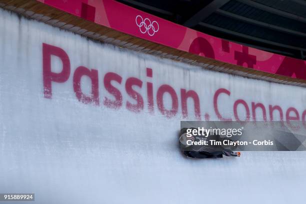 Katie Uhlaender of The United States in action during a Women's Skeleton training run ahead of the PyeongChang 2018 Winter Olympic Games at Olympic...