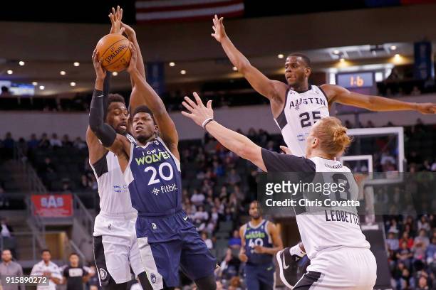 Wes Washpun of the Iowa Wolves drives to the basket against the Austin Spurs during an NBA G-League game at the H-E-B Center on February 8, 2018 in...