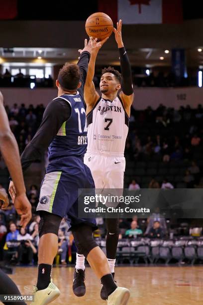 Olivier Hanlan of the Austin Spurs shoots the ball against the Iowa Wolves during an NBA G-League game at the H-E-B Center on February 8, 2018 in...