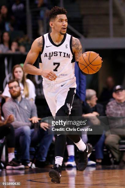 Olivier Hanlan of the Austin Spurs dribbles the ball up the court against the Iowa Wolves during an NBA G-League game at the H-E-B Center on February...