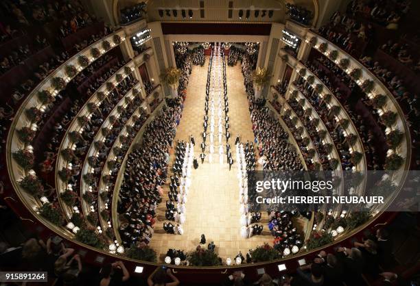 Dancers perform during the opening ceremony of the Opera Ball 2018, the sumptuous highlight of the Austrian capital's ball season, on February 8,...