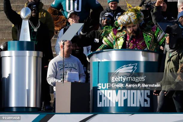 Center Jason Kelce speaks at a ceremony honoring the Philadelphia Eagles Super Bowl win on February 8, 2018 in Philadelphia, Pennsylvania.