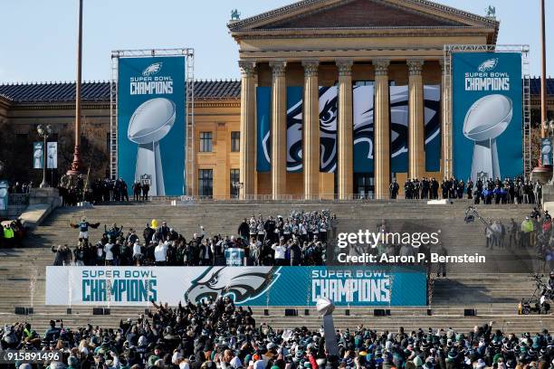 Members of the Philadelphia Eagles celebrate during a ceremony honoring their Super Bowl win on February 8, 2018 in Philadelphia, Pennsylvania.