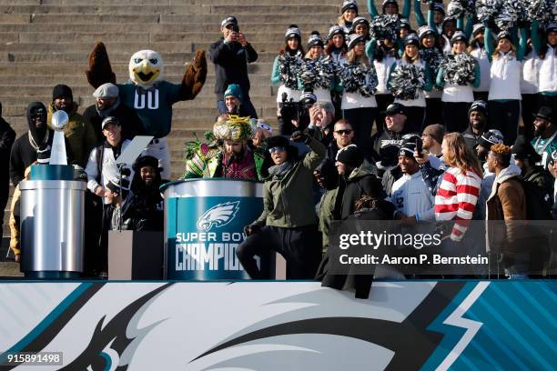 Center Jason Kelce speaks at a ceremony honoring the Philadelphia Eagles Super Bowl win on February 8, 2018 in Philadelphia, Pennsylvania.