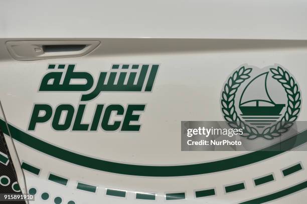 Details of an Audi R8 car, a part of the Dubai Police supercar patrol fleet, seen in Skydive Dubai area. On Thursday, February 8 in Dubai, United...