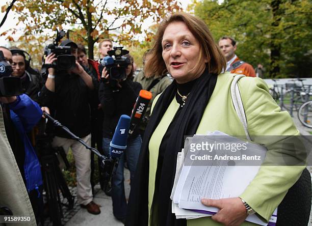 Sabine Leutheusser-Schnarrenberger, member of the German Free Democrats , gives a statement to journalists after the second round of coalition...