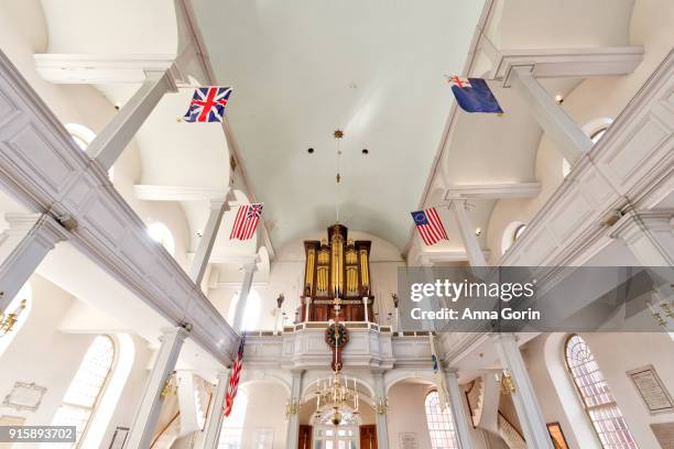 wide low-angle view of interior of historic old north church in boston, massachusetts - freedom trail stock pictures, royalty-free photos & images