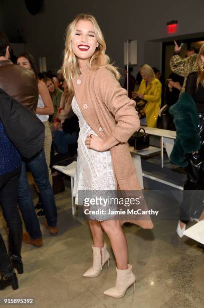 Model Joy Corrigan attends the Tadashi Shoji front row during New York Fashion Week: The Shows at Gallery I at Spring Studios on February 8, 2018 in...
