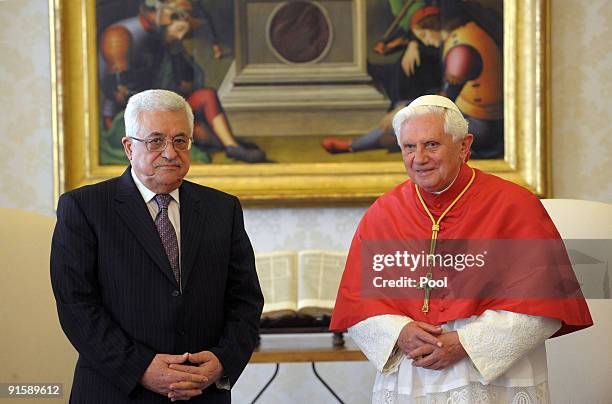 Pope Benedict XVI meets Palestinian President Mahmoud Abbas, also known as Abu Mazen, at his library on October 8, 2009 in Vatican City, Vatican. The...