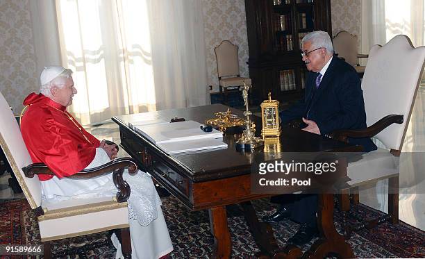 Pope Benedict XVI meets Palestinian President Mahmoud Abbas, also known as Abu Mazen, at his library on October 8, 2009 in Vatican City, Vatican. The...