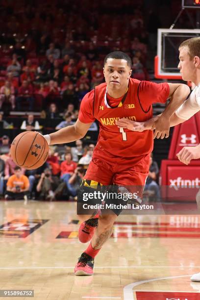 Anthony Cowan Jr. #1 of the Maryland Terrapins dribbles the ball during a college basketball game against the Wisconsin Badgers at Xfinity Center on...