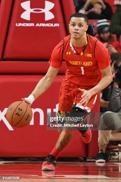 Anthony Cowan Jr. #1 of the Maryland Terrapins dribbles up court during a college basketball game against the Wisconsin Badgers at Xfinity Center on...