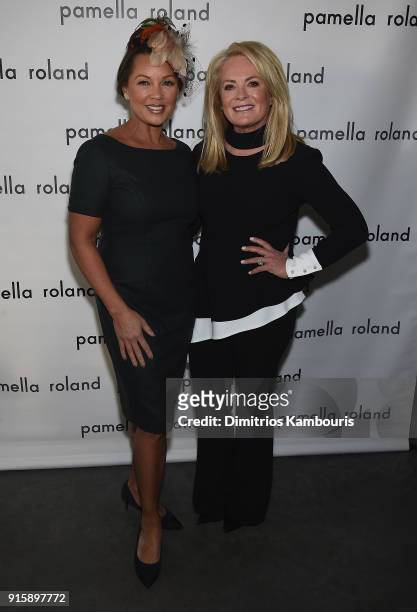Vanessa Williams and designer Pamela Roland pose backstage during the Pamela Roland New York Fashion Show at Pier 59 on February 8, 2018 in New York...
