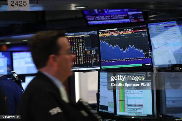 Traders work on the floor of the New York Stock Exchange moments before the Closing Bell on February 8, 2018 in New York City. As Wall Street...