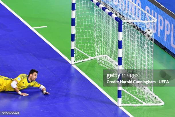 Paco Sedano of Spain concedes a goal during the UEFA Futsal EURO 2018 semi-final match between Kazahkstan v Spain at Stozice Arena on February 8,...