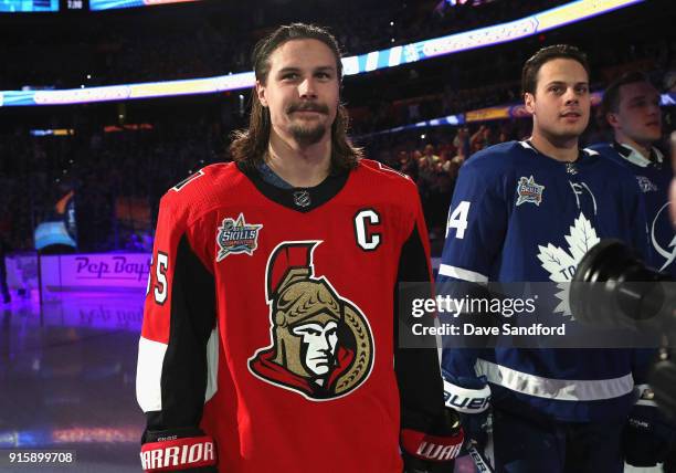 Erik Karlsson of the Ottawa Senators stands on the ice before the 2018 GEICO NHL All-Star Skills Competition at Amalie Arena on January 27, 2018 in...