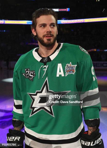 Tyler Seguin of the Dallas StTyler Seguin of the Dallas Starsstands on the ice before the 2018 GEICO NHL All-Star Skills Competition at Amalie Arena...