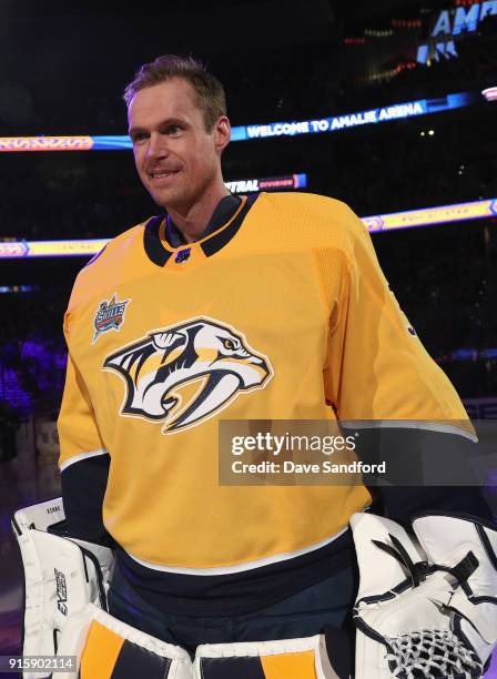 Goaltender Pekka Rinne of the Nashville Predators stands on the ice before the 2018 GEICO NHL All-Star Skills Competition at Amalie Arena on January...