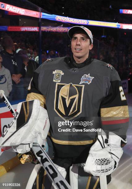 Marc-Andre Fleury of the Vegas Golden Knights stands on the ice before the 2018 GEICO NHL All-Star Skills Competition at Amalie Arena on January 27,...